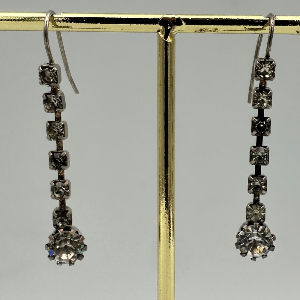 Vintage Silver Tone Rhinestone Linear Drop Dangle Earrings Art Deco Style 1.5"